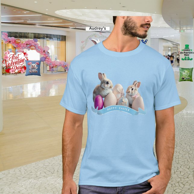 Camiseta Páscoa T-Shirt Dois Coelhos e Ovos de Páscoa (Criador carregado)