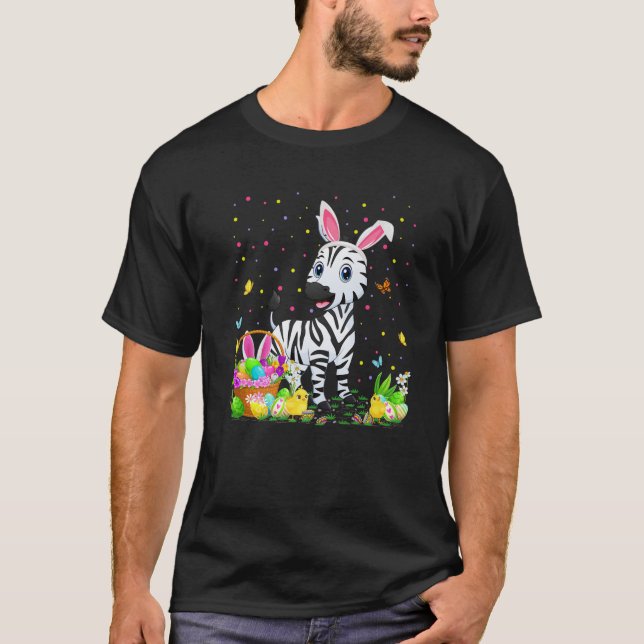Camiseta Páscoa Zebra Bunny Ovo Caçando Páscoa de Zebra Dom (Frente)