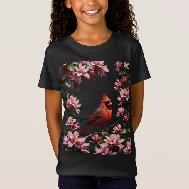 Camiseta Passarinho Cardinal Fofo e Flores Rosas (Frente)