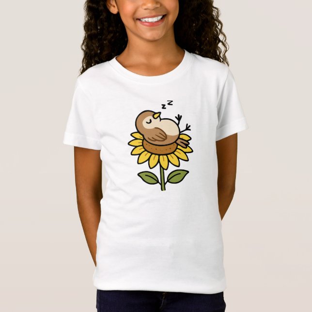 Camiseta Passarinho Fofo Dormindo em uma Flor (Frente)