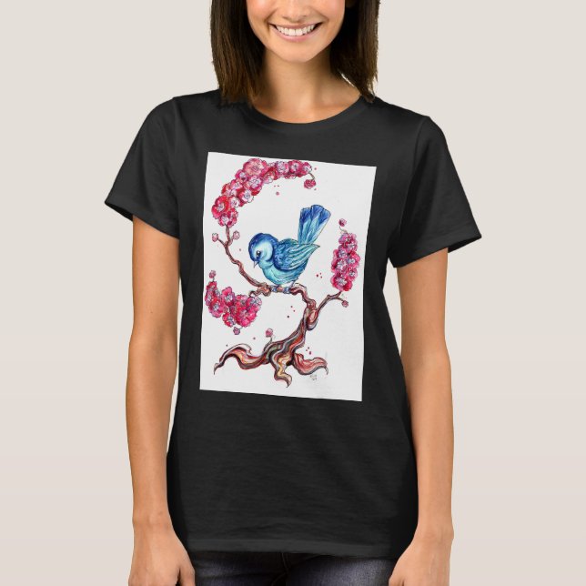 Camiseta Pássaro Azul Com Flor de Cerejeira (Frente)