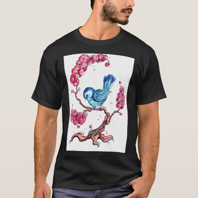 Camiseta Pássaro Azul Com Flor de Cerejeira (Frente)