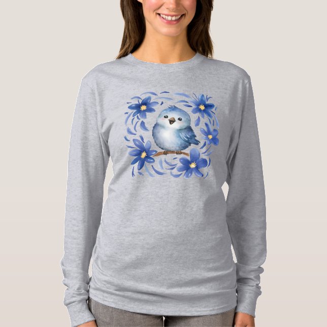 Camiseta Pássaro Azul com flores (Frente)