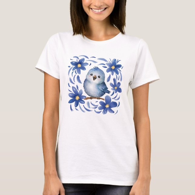 Camiseta Pássaro Azul com flores (Frente)
