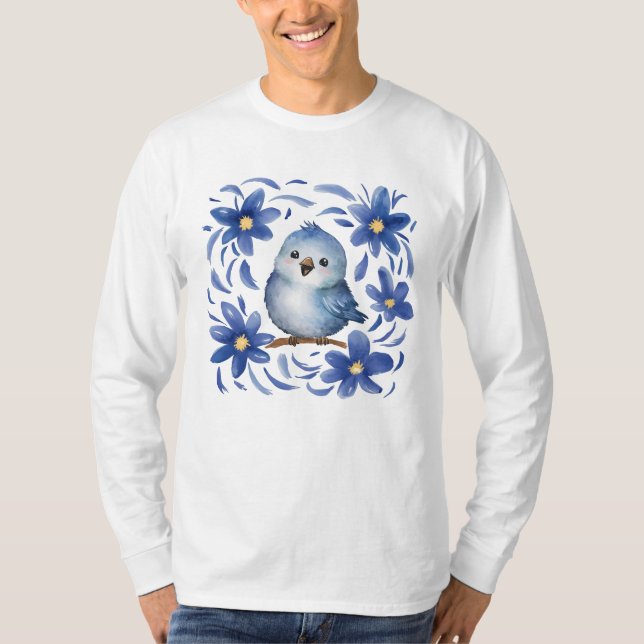 Camiseta Pássaro Azul com flores (Frente)