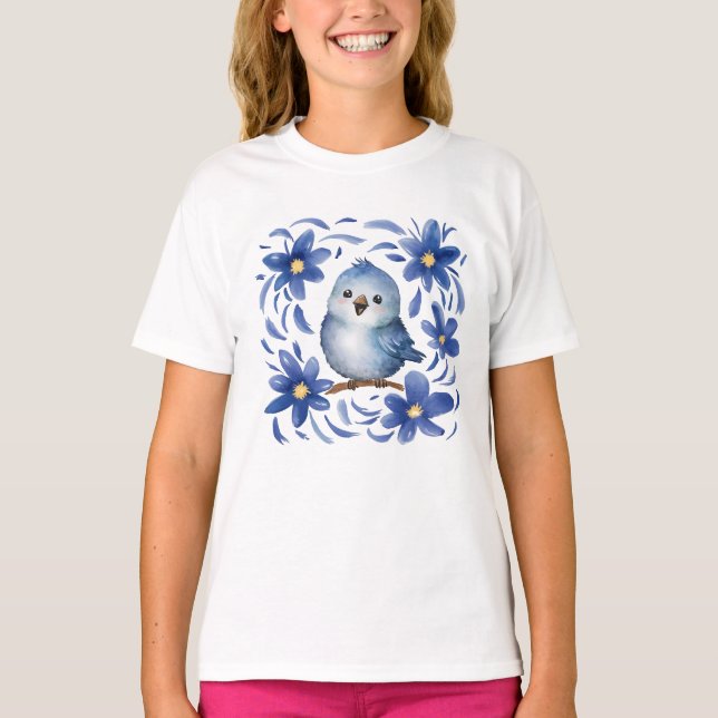 Camiseta Pássaro Azul com flores (Frente)
