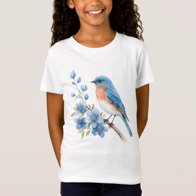 Camiseta Pássaro azul com flores azuis (Frente)