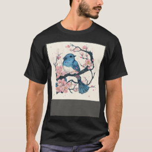 Camiseta Pássaro Azul Oriental e Ramo de Flor de Cerejeira