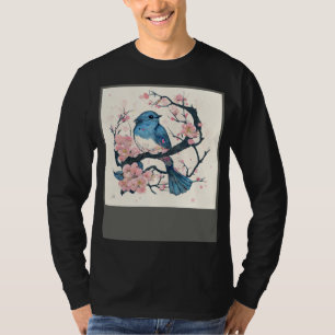 Camiseta Pássaro Azul Oriental e Ramo de Flor de Sakura
