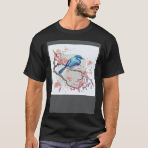 Camiseta Pássaro Azul Oriental no Flor de Cereja Rosa Japon
