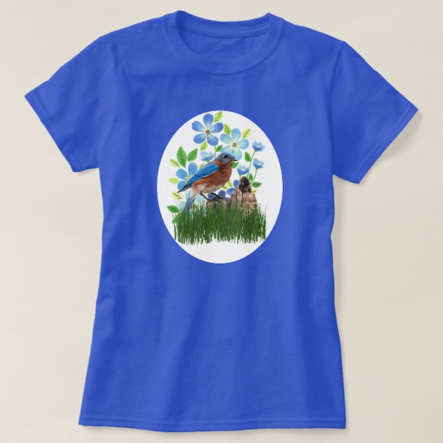 Camiseta Pássaro Bluebird no Jardim Flor / Pássaro (Frente do Design)