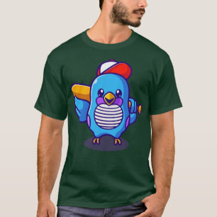 Camiseta Pássaro Bonito Com Chapéu Segurando Cartoon De Bat