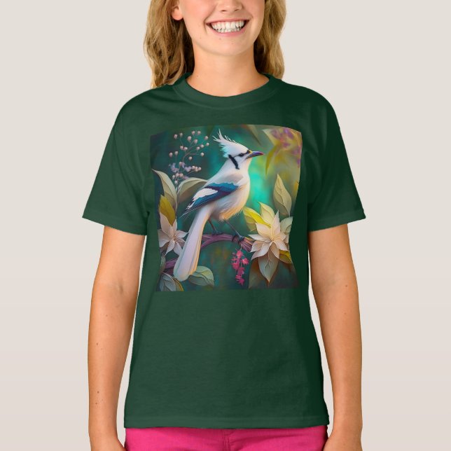 Camiseta Pássaro Branca de Teal Wing Jay Fantasy (Frente)