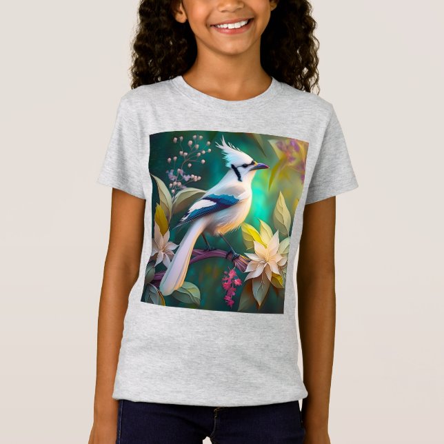 Camiseta Pássaro Branca de Teal Wing Jay Fantasy (Frente)