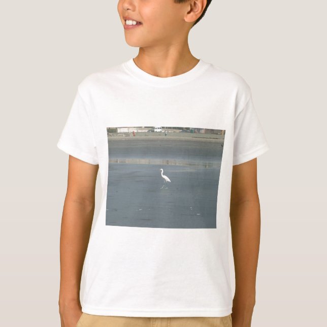 Camiseta Pássaro Branco na Cinza Sand Beach Art Impressão (Frente)