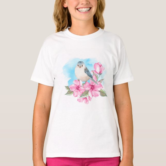 Camiseta Pássaro branco. Primavera de Aquarela (Frente)