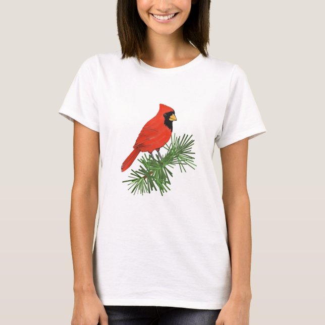 Camiseta Pássaro Cardeal Vermelho na Árvore do Pinho (Frente)