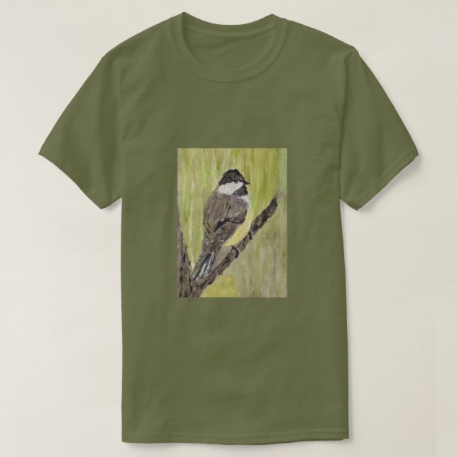 Camiseta Pássaro Chickadee de casaco preto - pintura acríli (Frente do Design)