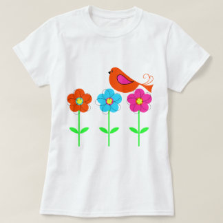 Camiseta pássaro colorido com flores coloridas