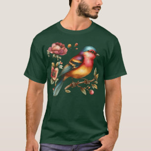 Camiseta pássaro colorido empoleirado num amigo do galho