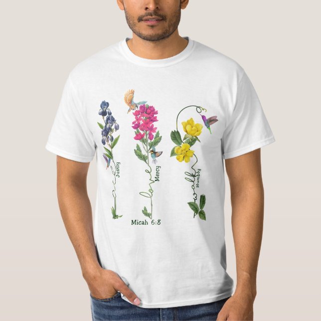 Camiseta Pássaro Com Justiça Flor Ama Compaixão E Caminha J (Frente)