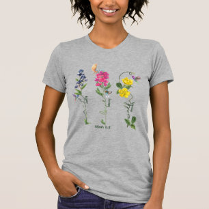 Camiseta Pássaro Com Justiça Flor Ama Compaixão E Caminha J