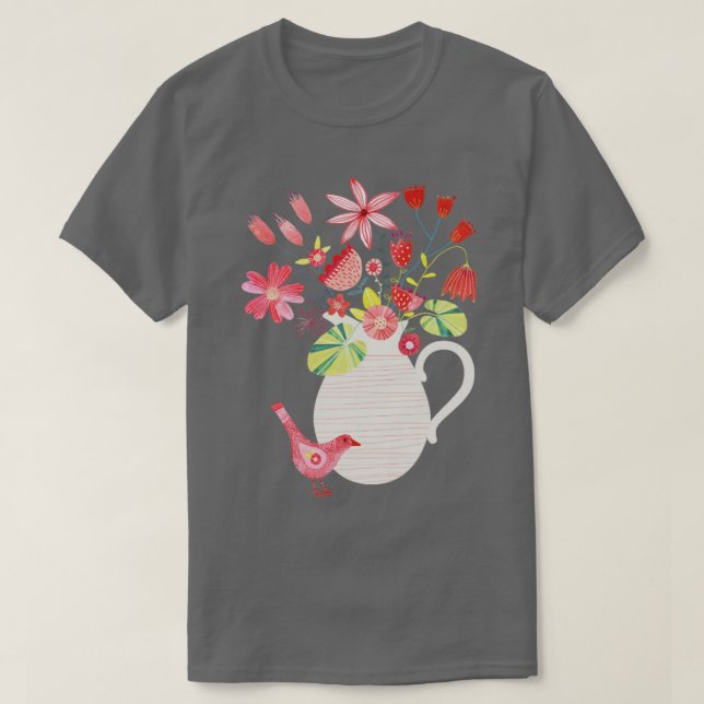 Camiseta Pássaro com um Jug de Flores (Frente do Design)