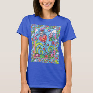 CAMISETA PÁSSARO DE ARTE DE FOLHAS, NAMORADOS CORAÇÃO JARDI