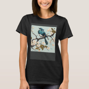 Camiseta Pássaro de cera azul no Flor de Cereja branco japo