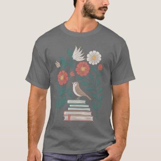 Camiseta Pássaro de Cottagecore em Livros com Flores