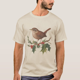 Camiseta Pássaro de Feriado Cardeal em Galho de Azevinho Na