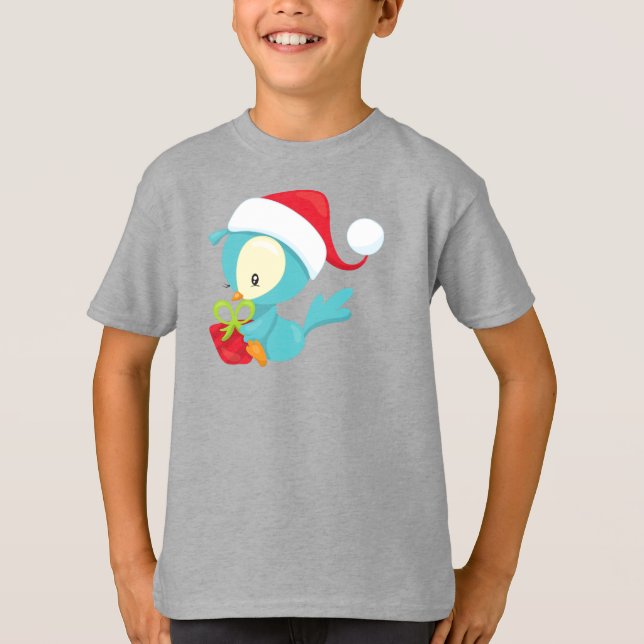 Camiseta Pássaro de Natal, Pássaro Bonito, Chapéu Santa, Pr (Frente)