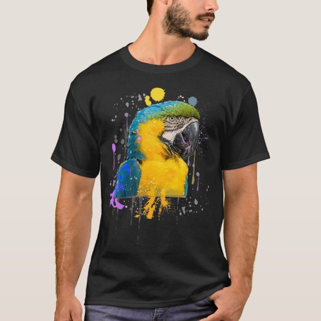Camiseta Pássaro De Papagaio Funny Azul E Macaw Dourado (Frente)