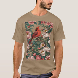 Camiseta Pássaro Dinal Vermelho e Flores de Peônia