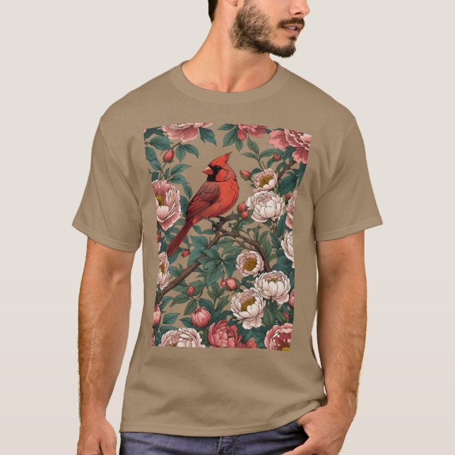Camiseta Pássaro Dinal Vermelho e Flores de Peônia (Frente)