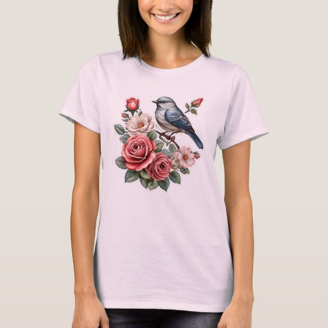 Camiseta pássaro e flores bonitinhas (Frente)