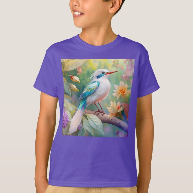 Camiseta Pássaro Fantasia Branca, Iridescente, Teal Wing (Frente)