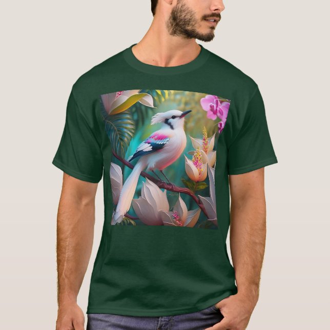 Camiseta Pássaro Fantasia com Crista Branca e Peito Rosado (Frente)