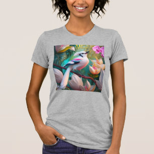 Camiseta Pássaro Fantasia com Crista Branca e Peito Rosado