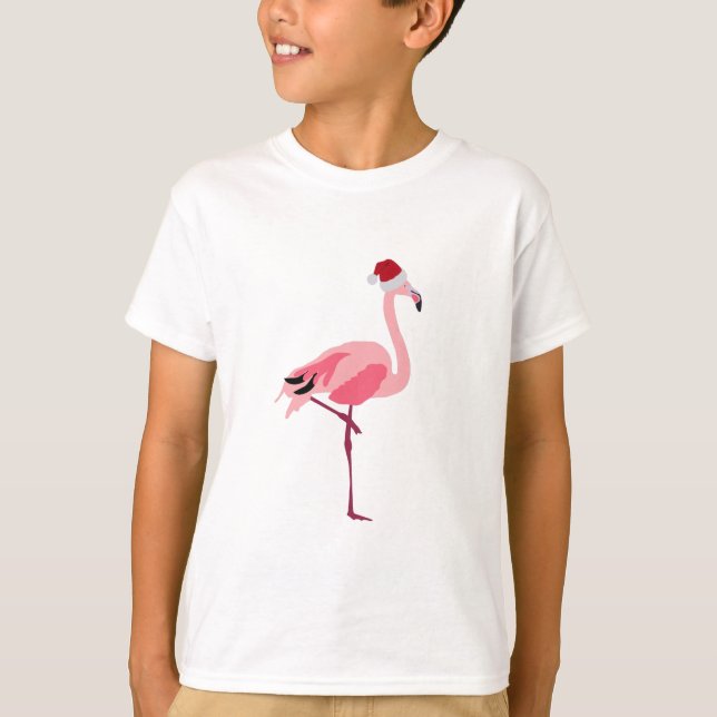 Camiseta Pássaro Flamingo Rosa de Natal com Papai Noel (Frente)
