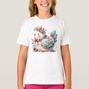 Camiseta Pássaro Folclórico Floral com Charme Boho Pastel