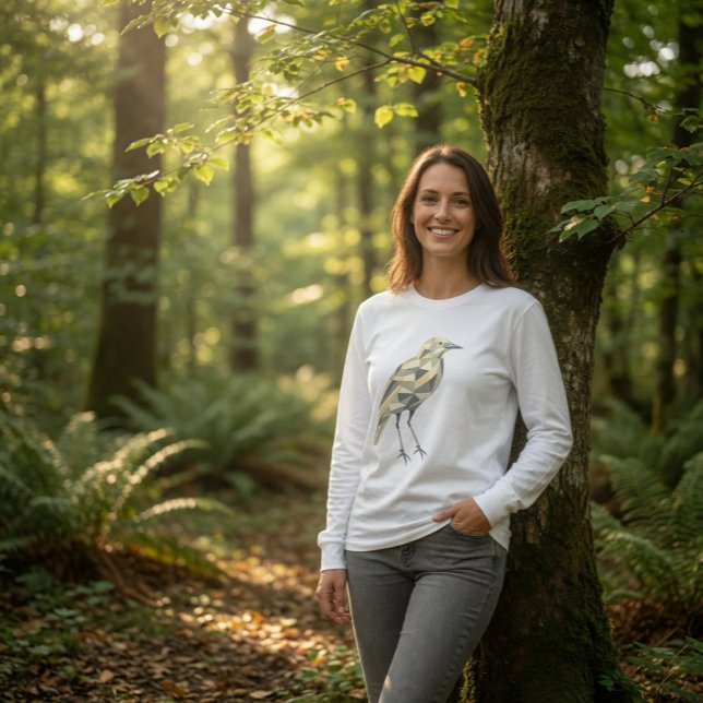 Camiseta Pássaro Geométrico Desenhado à Mão Feminino Branco (Criador carregado)