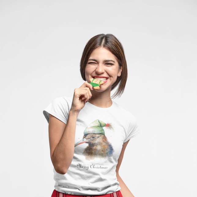 Camiseta Pássaro Kiwi bonito no Chapéu Elf de Natal, person (Criador carregado)
