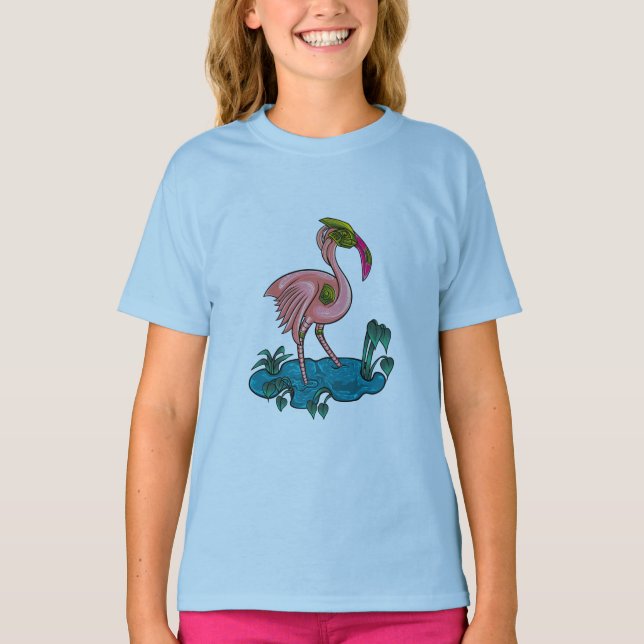 Camiseta Pássaro Mecânico, Robô Flamingo Mecha Rosa (Frente)