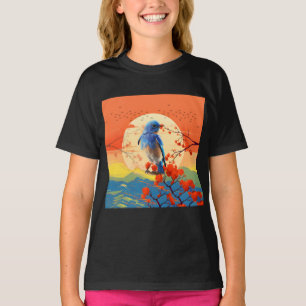 Camiseta Pássaro Natural Japonês Moderno Em Cenário De Flor