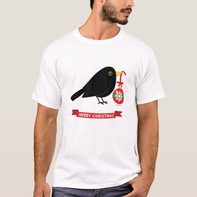 Camiseta Pássaro Negro Bonito Com Bola De Natal (Frente)