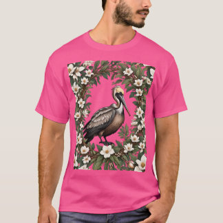 Camiseta Pássaro Pelicano Rodeado por Flores de Magnólia Ov