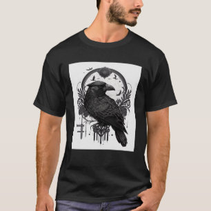 Camiseta Pássaro Raven Gótico com Símbolos Wiccan e Occulto