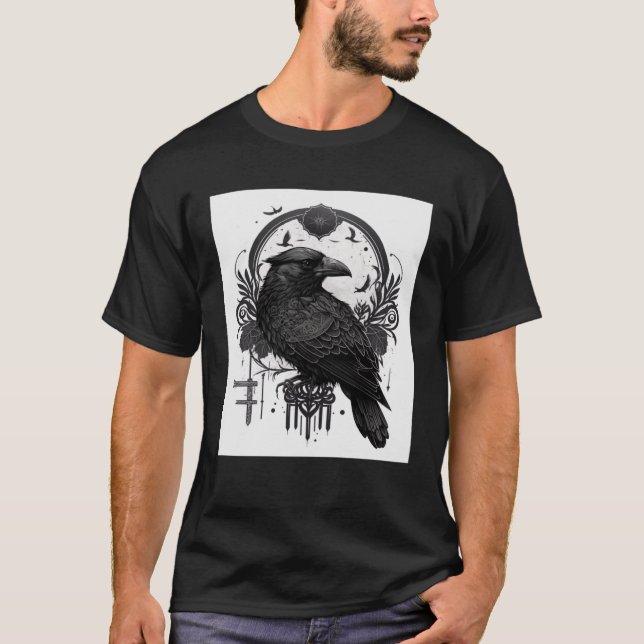 Camiseta Pássaro Raven Gótico com Símbolos Wiccan e Occulto (Frente)