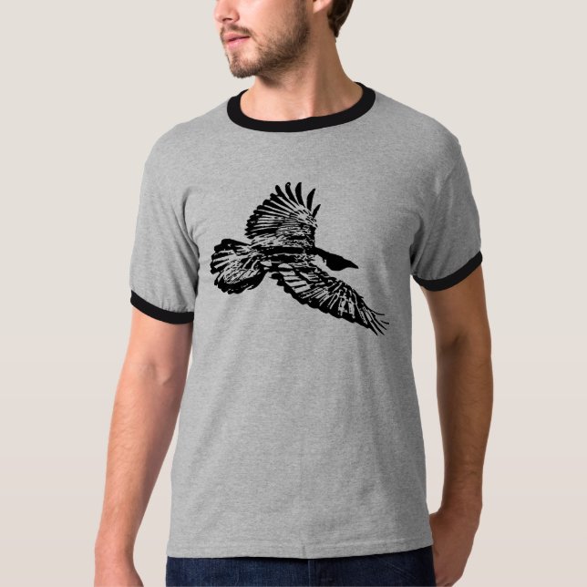 Camiseta Pássaro Raven Negro Soando em Voo (Frente)